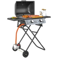 Barbecue a Gas Portatile con 2 Bruciatori e 2 Tavolini, Coperchio con Termometro e Ruote, Nero