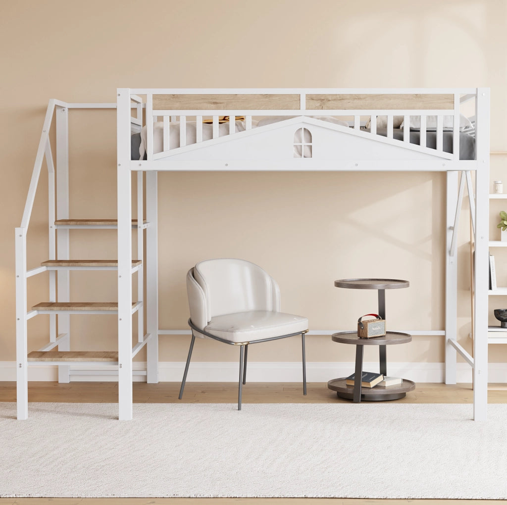 Letto a soppalco in metallo 140x200 cm con scala di sicurezza e spazio sotto il letto; bianco
