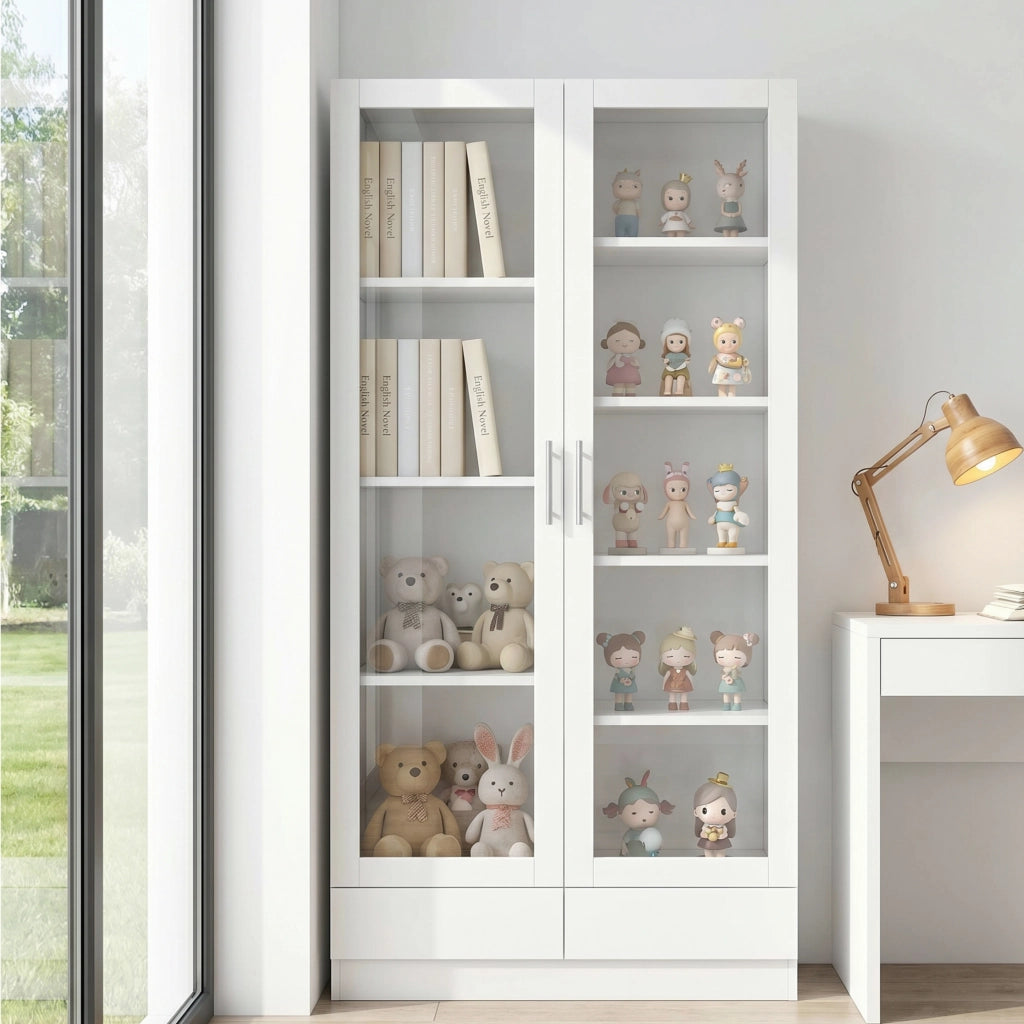 Vetrina con ante in vetro e 2 cassetti, 9 vani e ripiani, per soggiorno e ufficio, bianco, 80 × 40 × 160 cm