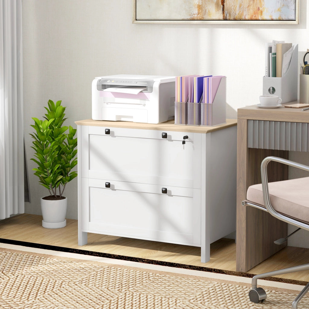 Mobile Archiviatore con 2 Cassetti e Ante ¨C Zephmum ¨C 79x40x72 cm Bianco e Rovere