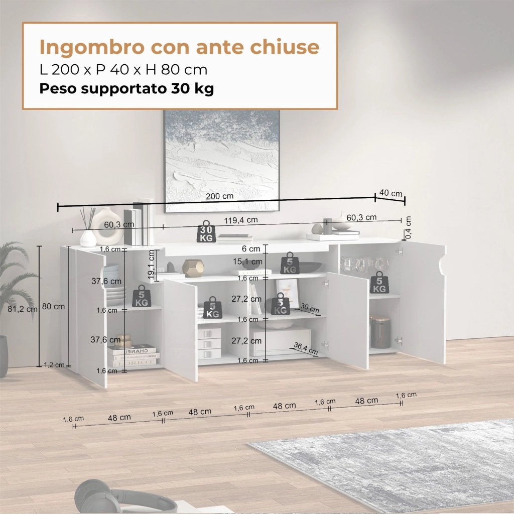 WHOUS Credenza Real con 4 ante e 1 vano aperto bianco lucido 200x40x80 cm