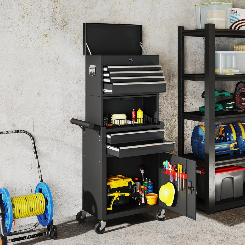 Carrello per attrezzi 3 in 1 con cassetti e pannello forato ¨C zephmum ¨C nero, acciaio