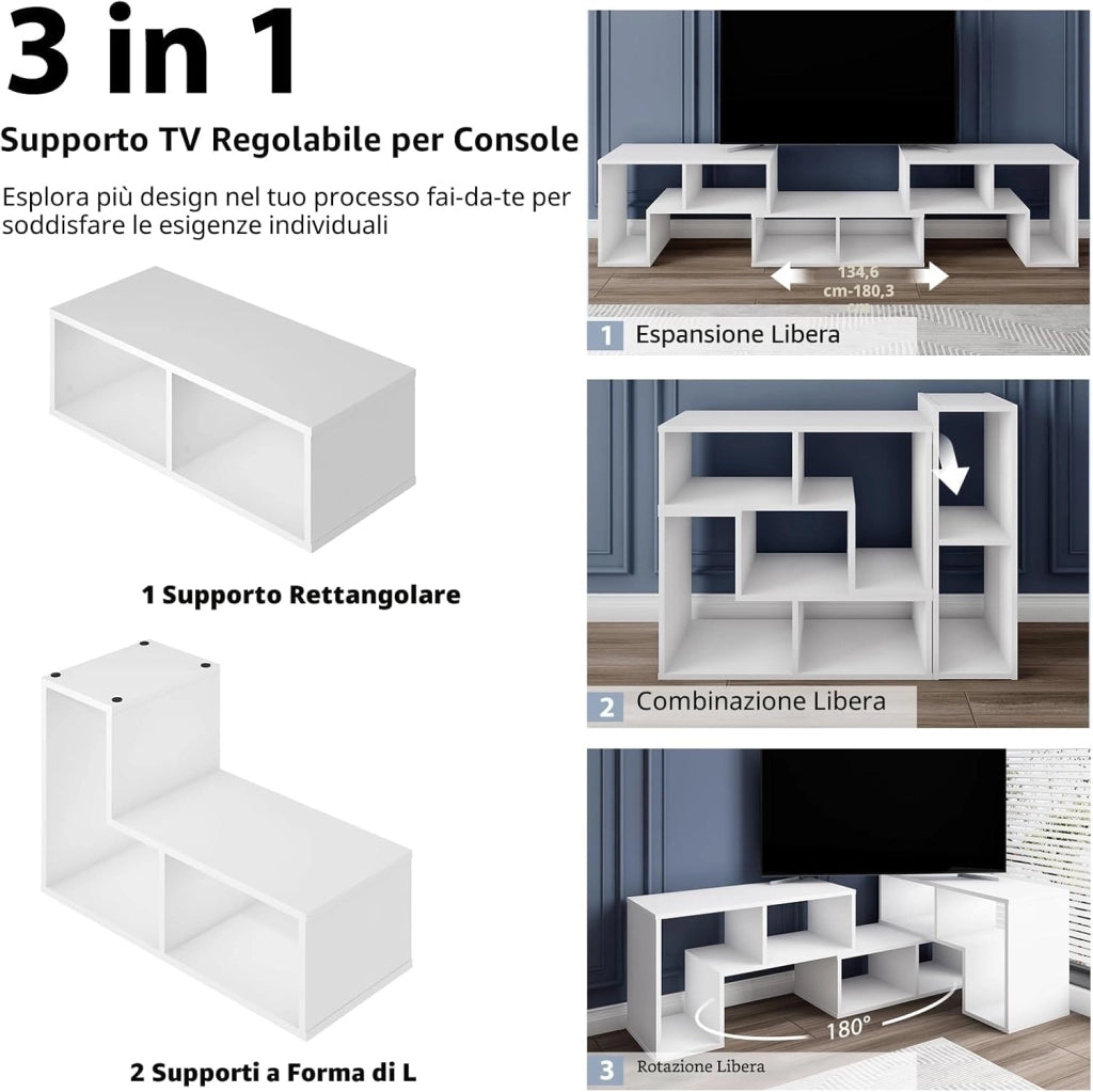Mobile TV Soggiorno in Legno, Mobile Porta TV Liberamente Combinabile, per TV fino a 65”, Mobiletto TV Multifunzione con 6 Vani Aperti, 134 x 30 x 43 cm, Bianco (QE09327FQDE)