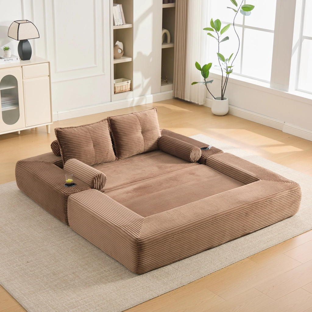 Divano letto pieghevole con portabicchieri tasche laterali e cuscini in memory foam in velluto a coste marrone