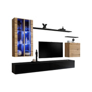Set di mobili da soggiorno da parete SWITCH XII design, colore nero lucido e rovere Wotan.