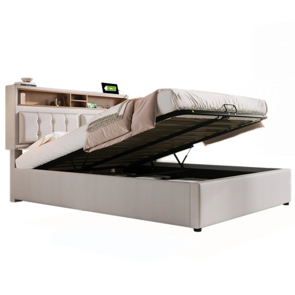 Letto Contenitore Matrimoniale 140×200 cm con USB; Tipo C e 2 Prese; Testiera Regolabile; senza Materasso