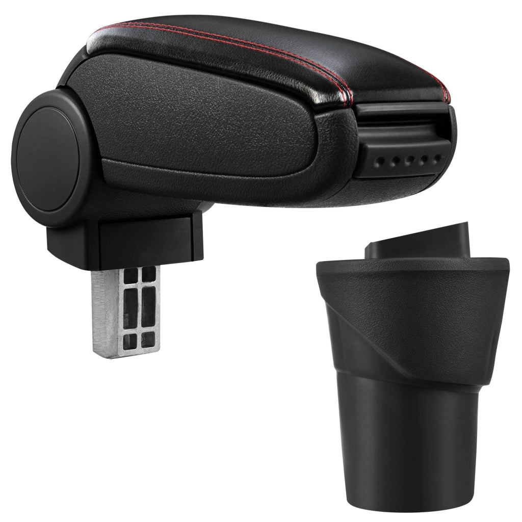 Bracciolo centrale per Nissan Micra K13 con scomparto imbottito in similpelle nera con cuciture rosse 03_0000535