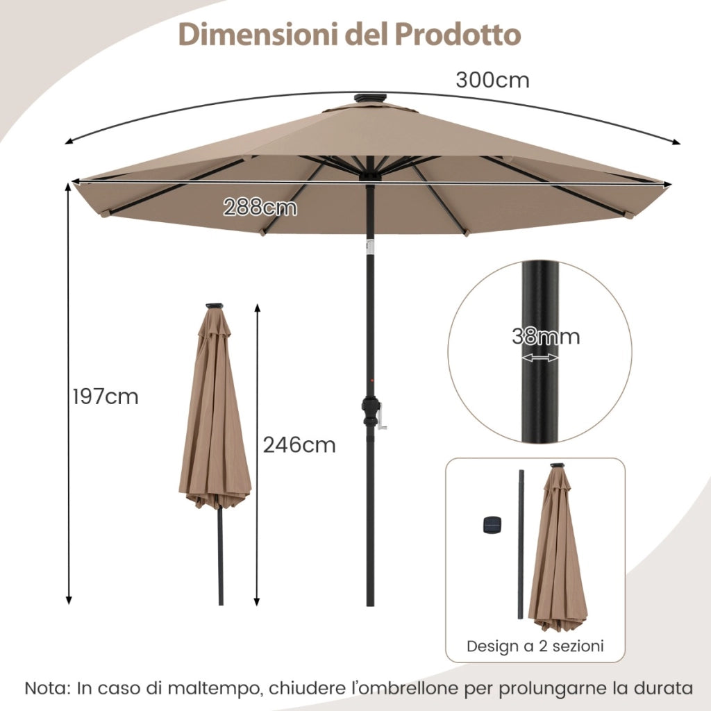 3M Ombrellone da patio solare con 96 luci LED e 9 modalit¨¤, Parasole da mercato pesante per giardino e spiaggia Marrone-Ombrelloni