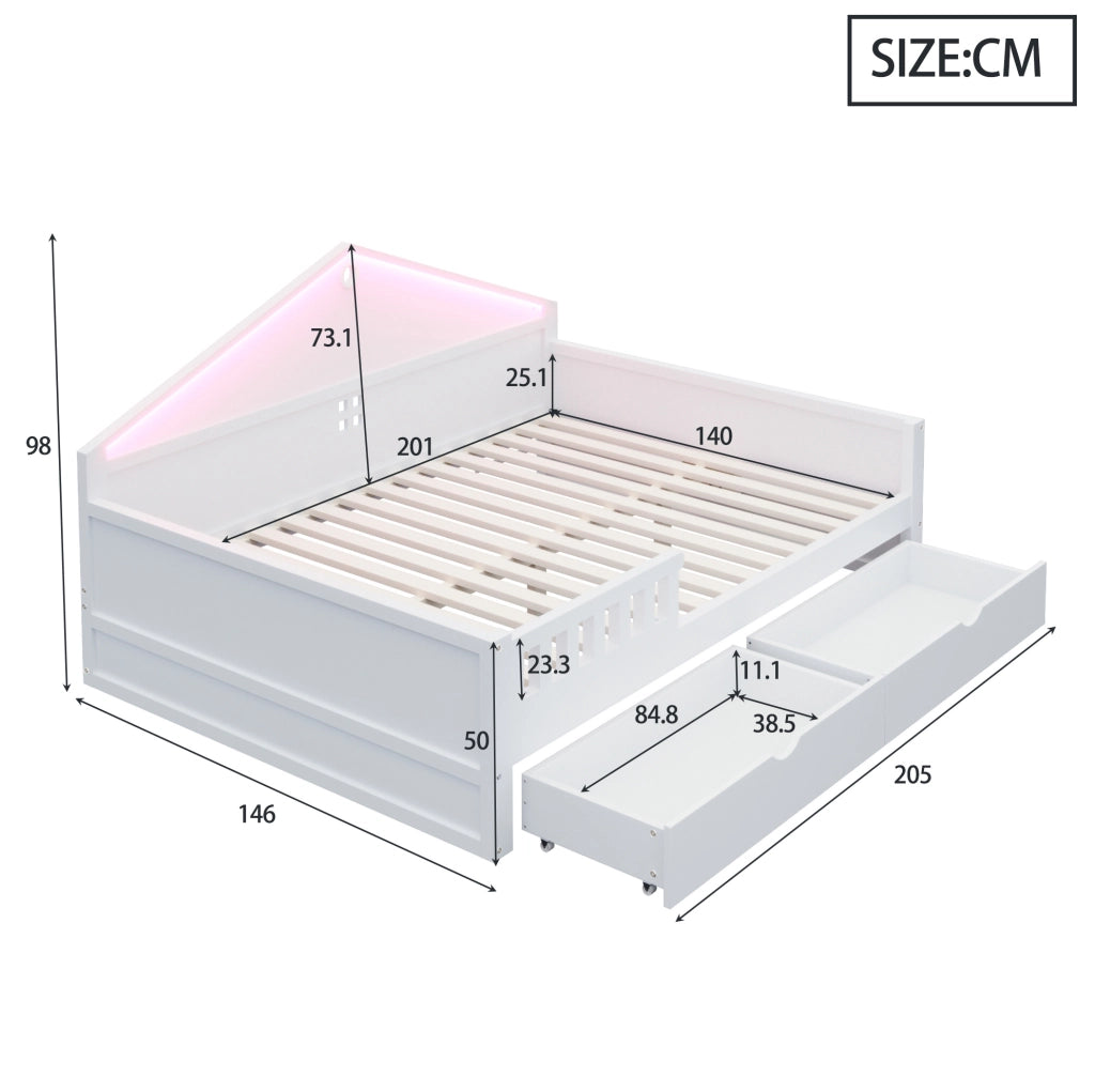 Letto multifunzione 140x200 cm con cassetti e LED; bianco
