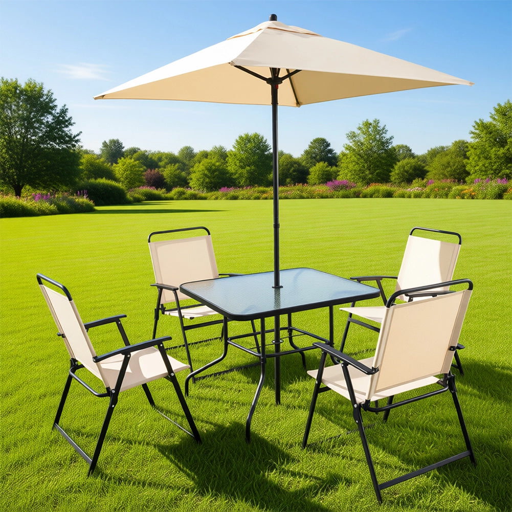 Set 6 Pezzi da Pranzo per Giardino Patio con Ombrellone 4 Sedie Pieghevoli e Tavolo 85x85x70 cm Beige