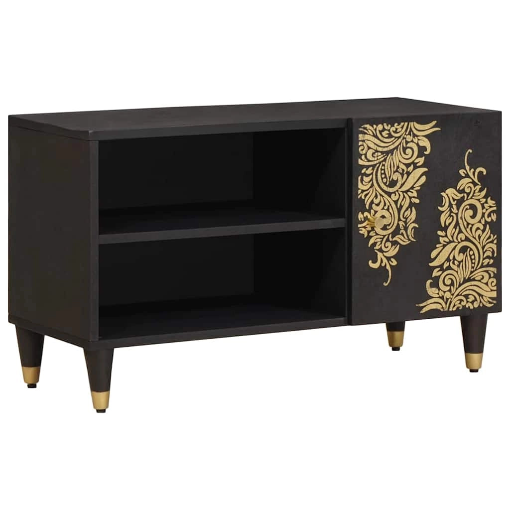 Mobile porta TV rettangolare moderno con contenitore 80 x 33 x 46 cm in legno massello di mango nero 02_0057892