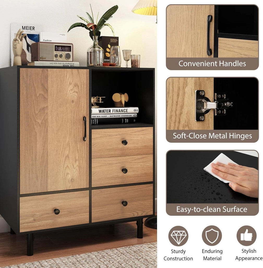 Credenza da Cucina con Ante e Cassetti, Mobile Cucina Dispensa con Gambe in Metallo, Mobile Buffet per Soggiorno, Sala da Pranzo, Corridoio, 80 x 45,5 x 97,5 cm (Nero)