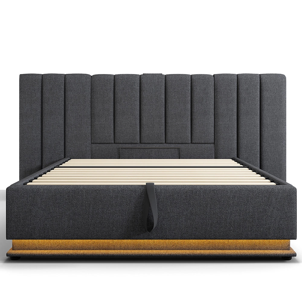 Letto 160??200 cm con materasso - Xylo - Controllo app LED, USB-C, telaio in lino grigio
