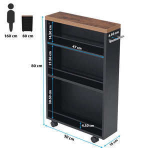 Carrello Portaoggetti Salvaspazio 50x16x80 cm per Cucina Bagno con Ruote Nero