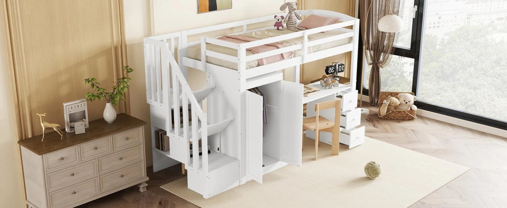 LETTO a soppalco 90x200 cm bianco in legno di pino con scrivania e armadio