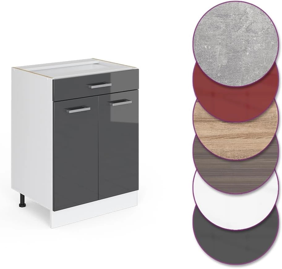 Mobiletto base per cucina R-Line, Antracite lucido, 60 cm con cassetto, senza piano di lavoro, per la libera combinazione all'interno di sistemi cucina modulari
