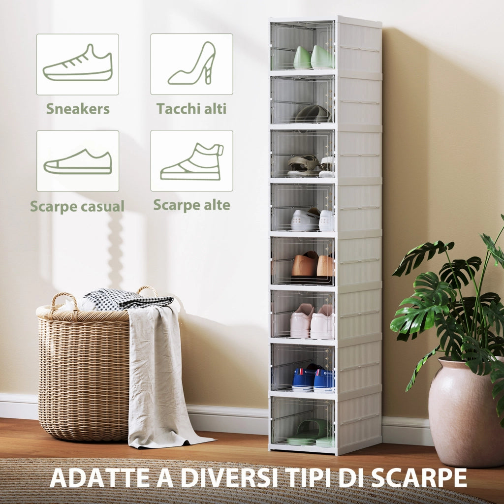Scarpiera con 8 Contenitori per Scarpe Impilabili e Pieghevoli con Pannello Trasparente, Bianco