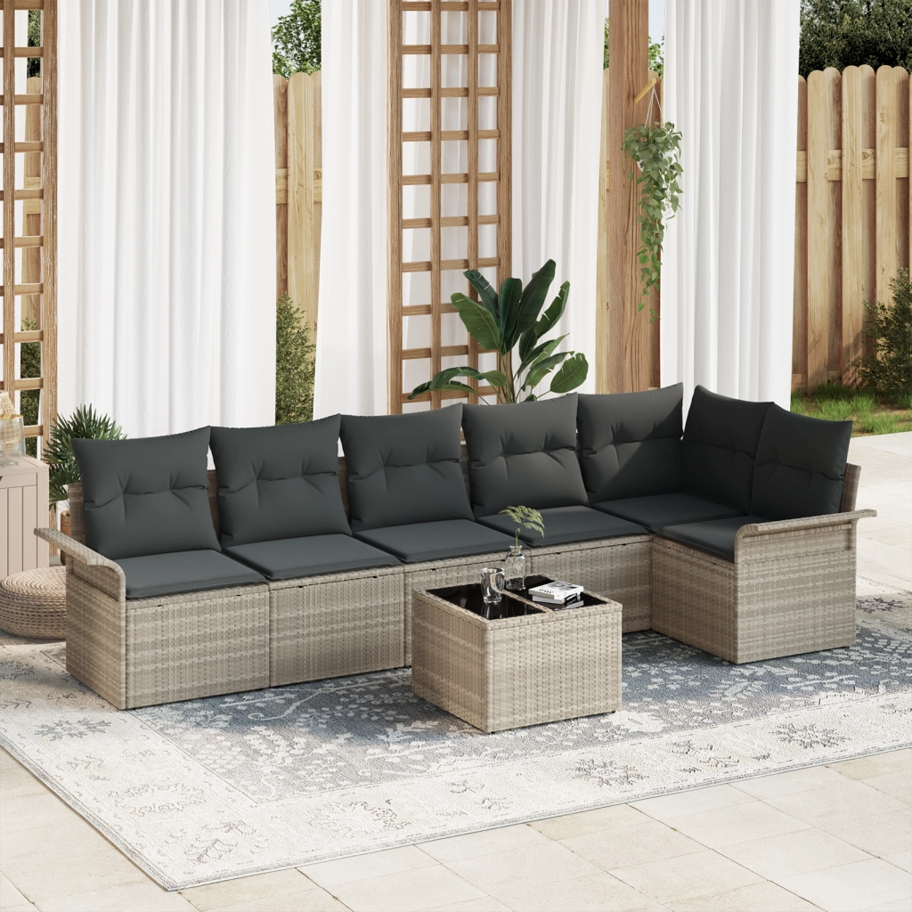 Set Divano da Giardino da 7 Pezzi con Cuscini Grigio Polyrattan