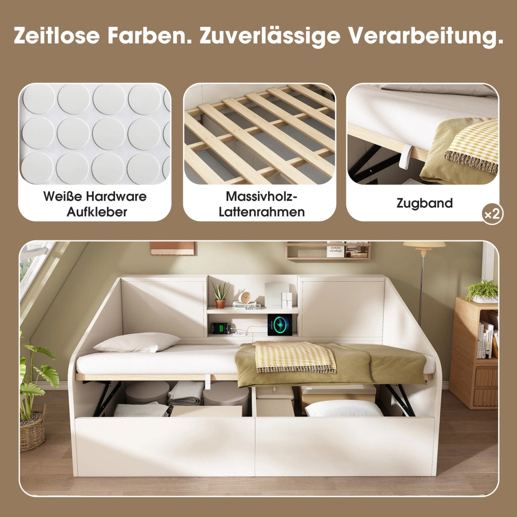 LETTO da giorno contenitore idraulico 90x190 cm in legno bianco con USB e Type-C