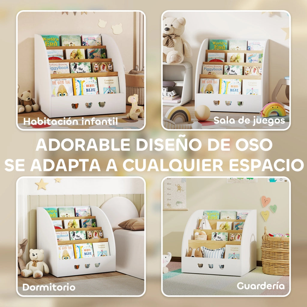 Scaffale per Bambini 4 Ripiani ¨C Zephmum ¨C Bianco e Naturale 60x53x60