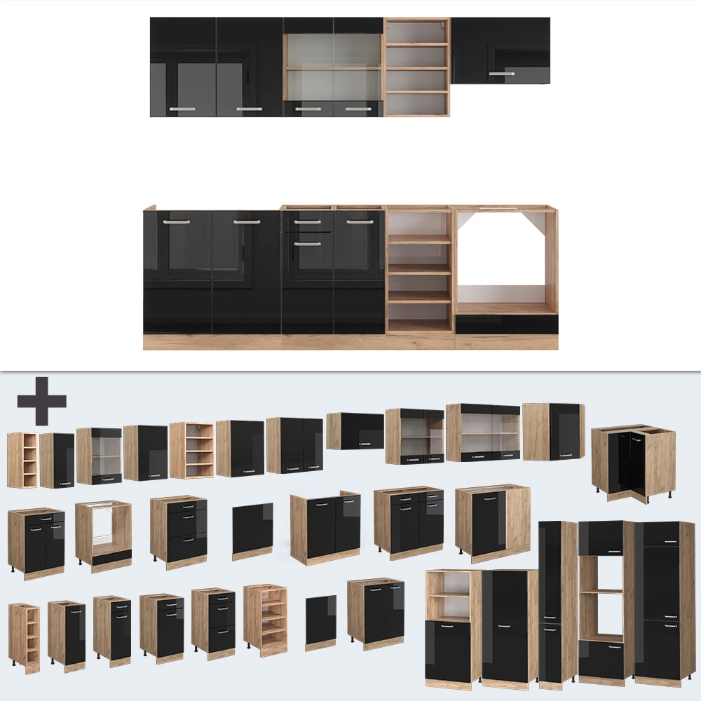 Cucina componibile R-Line Nero lucido/Rovere dorato 240 cm, PL Marmo Vicco