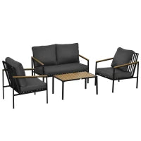 Set da Giardino da 4 Pezzi per 4 Persone con Divano a Due Posti, Poltrone e Tavolino, 8 Cuscini, Nero e Grigio Scuro