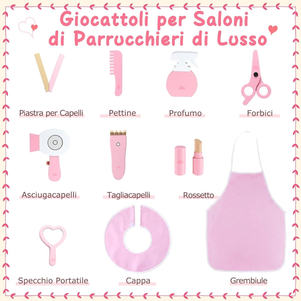 Set Toeletta per Bambini con Specchio Illuminato a LED | Tavolo per Manicure con Poltrona Girevole e Carrello con Ruote, Postazione Trucco con Asciugacapelli e Pettine per Bambini 3+