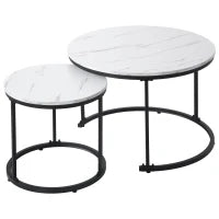 Tavolini da Salotto Rotondi Moderni Impilabili in MDF, con Struttura in Metallo, Dimensioni 50x70.5 cm+45.5x44 cm, Colore Marmo
