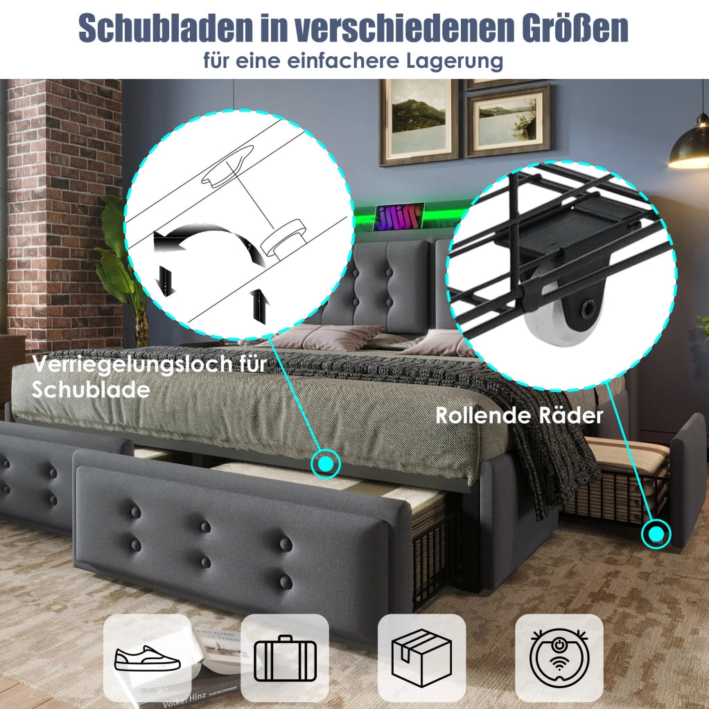 Letto matrimoniale 140x200 cm imbottito in tessuto effetto cotone e lino; grigio; con LED e 4 cassetti