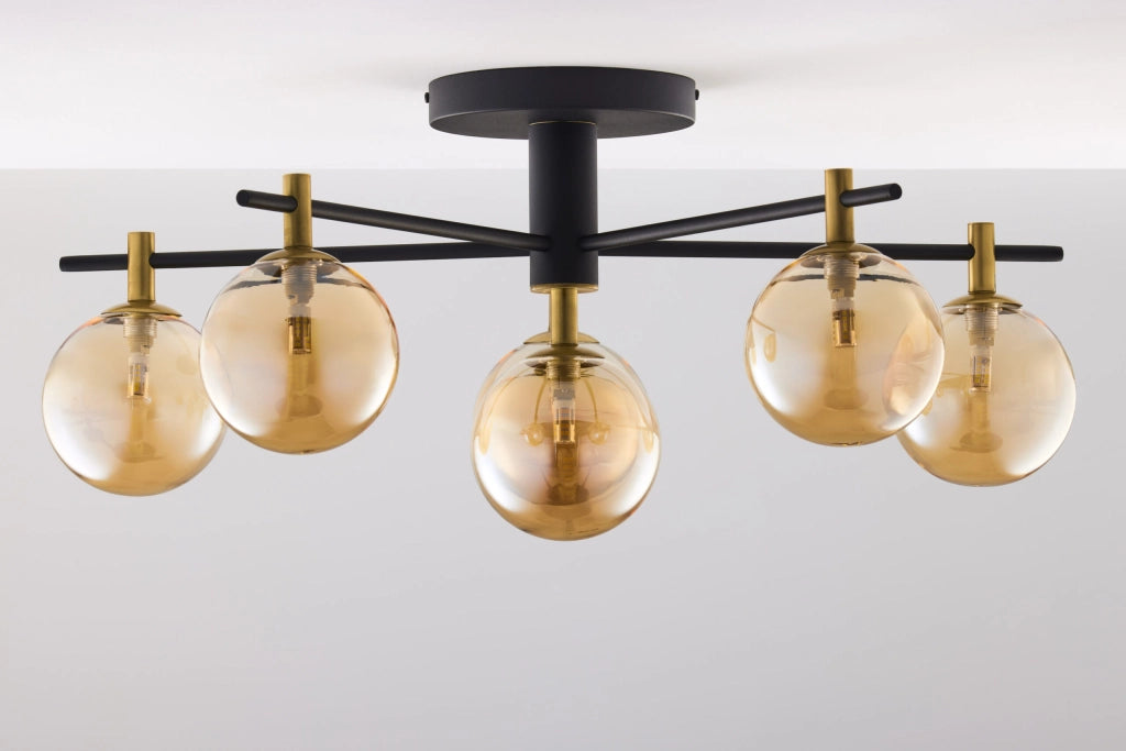 Plafoniera FIGARO Jupiter nera oro, 6 sfere ambra G9