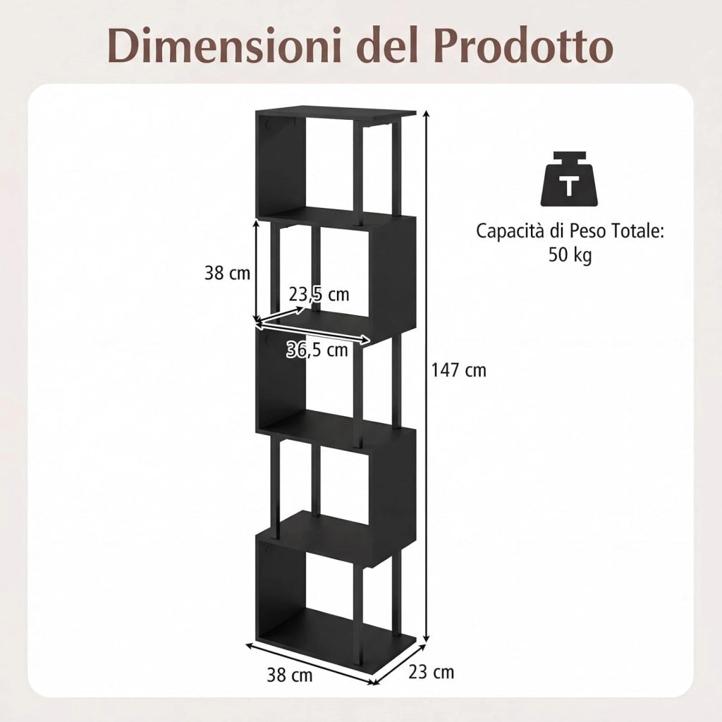 Libreria a 5 Livelli in Legno, Scaffale Espositore Geometrico con Struttura in Metallo, Mobile Portaoggetti Salvaspazio per Camera da Letto Soggiorno Ufficio, 38x23x147 cm (Nero)