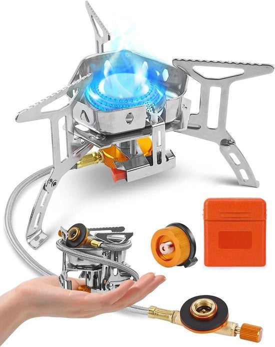 Fornello da campeggio portatile - Stivato e con 3900W bruciatore, accensione a piëzo e accessori