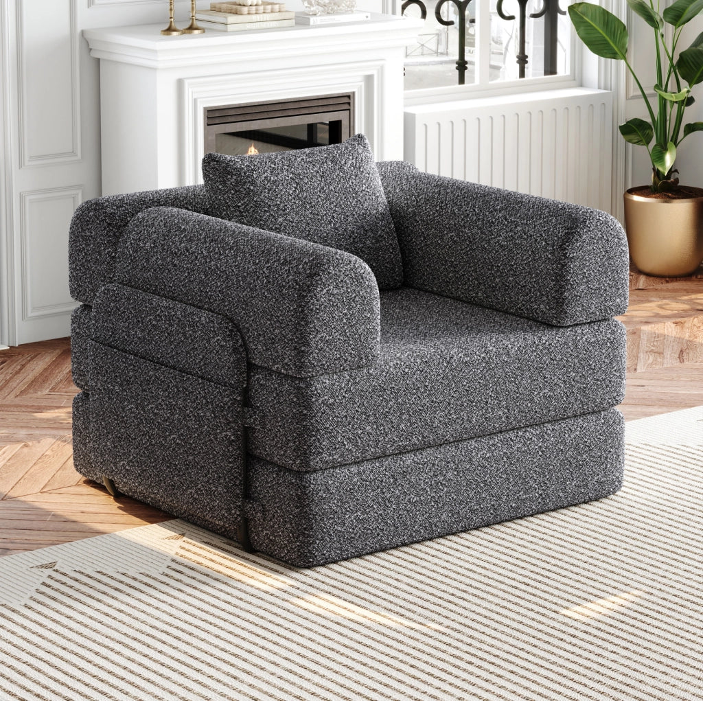 Divano letto singolo 2 in 1 in ciniglia grigio con vano nel bracciolo
