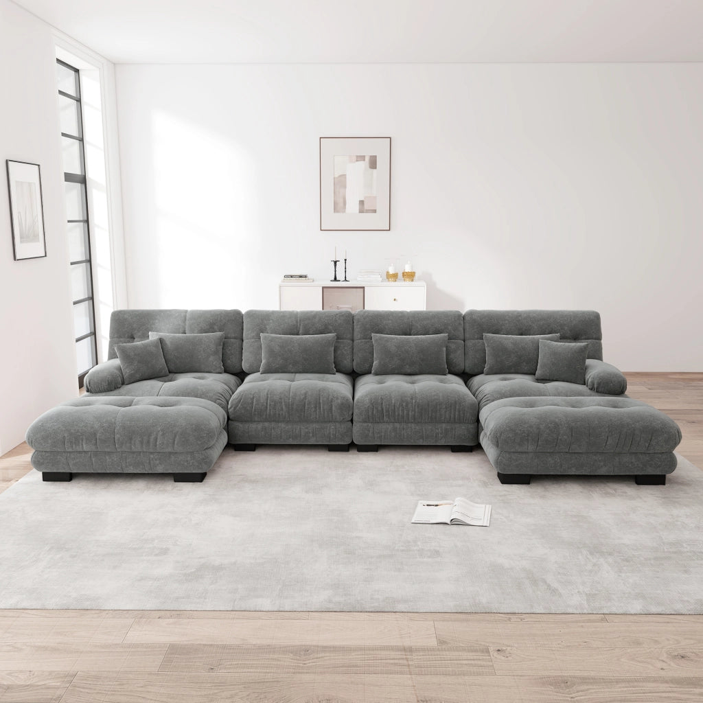 Divano modulare ad angolo a U 4 posti con pouf mobile e cuscini decorativi per soggiorno in chenille grigio