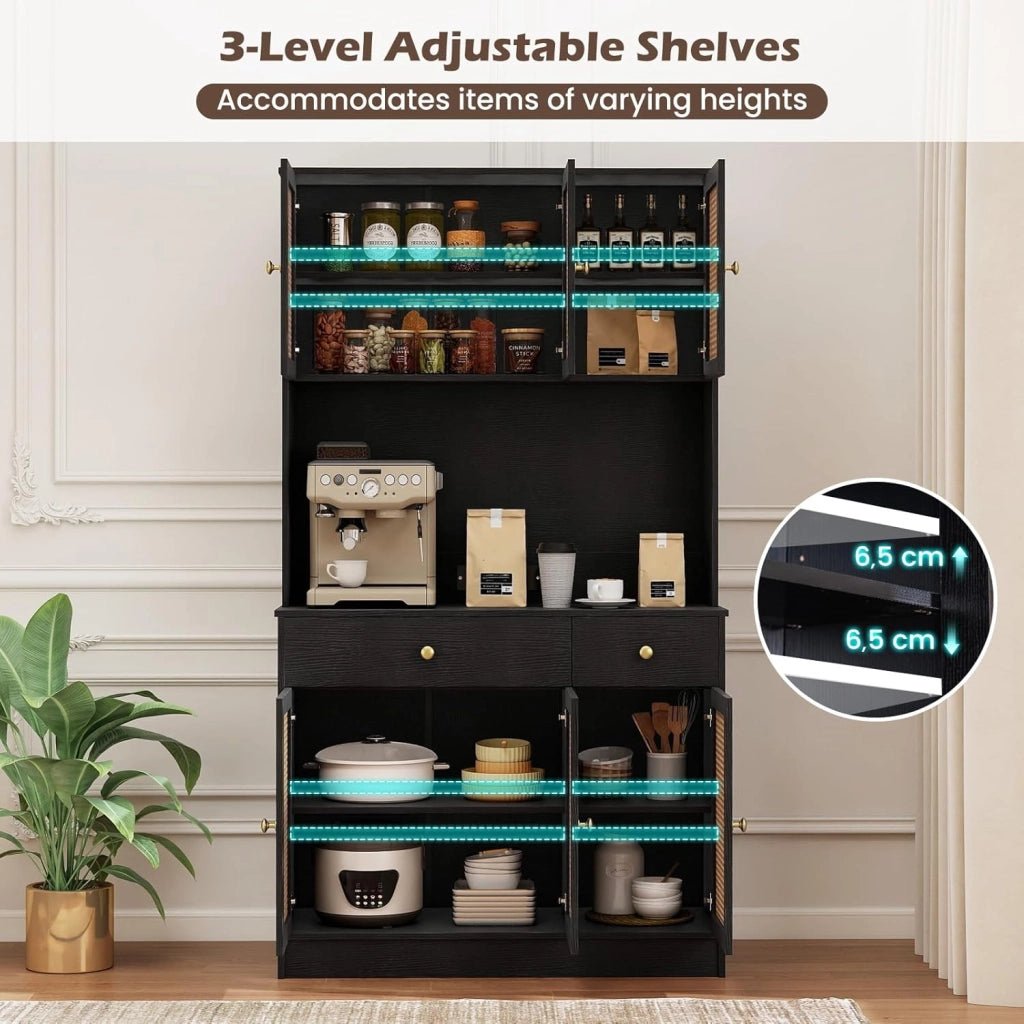 Credenza Buffet da Cucina, Armadio Alto con Ante in Rattan PE, 2 Cassetti e Stazione di Ricarica, 100 x 40 x 180 cm, Mobile Ausiliario in Legno per Sala da Pranzo, Soggiorno, Nero/Bianco