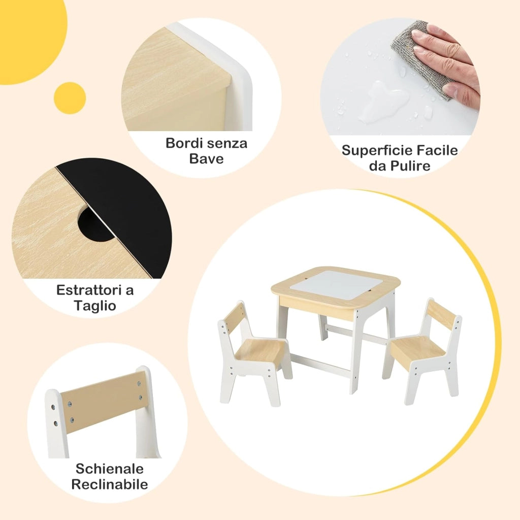 Set Tavolo e 2 Sedie per Bambini, con Lavagna Reversibile, Tavolo Multiattività con Vano Portaoggetti Nascosto e Sedie, per Bambini da 3-6 Anni, per Cameretta e Soggiorno (Naturale)