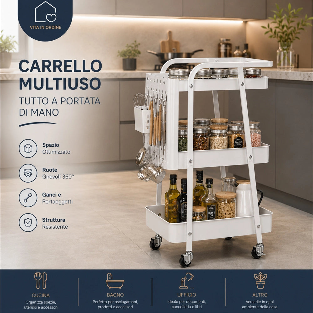 Carrello da Cucina Bianco Acciaio 3 Ripiani Carrellino Salvaspazio 47.5x32x73.5cm