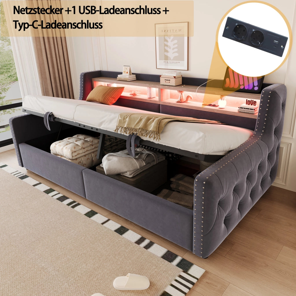 OKWISH Letto Divano 90×200 cm, Letto Singolo con Contenitore, LED Regolabile, USB, Tipo C e Presa, senza Materasso, in Velluto, Grigio