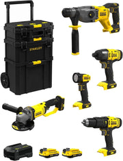 STANLEY FatMax Kit SVK500 (SFMCH900 + SFMCG400 + SFMCD711 + SFMCF800 + SFMCL020 + 2 Batterie 2,0 Ah + Caricabatteria + Caddy 3in1)