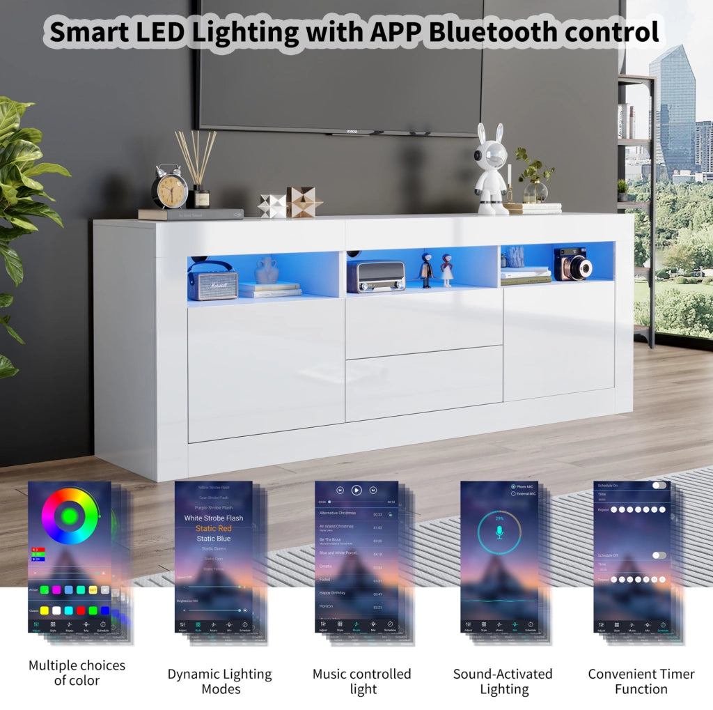 Mobile TV ULEVR 160x35x60 cm bianco lucido con LED Bluetooth, 2 ante, 2 cassetti e 3 vani aperti