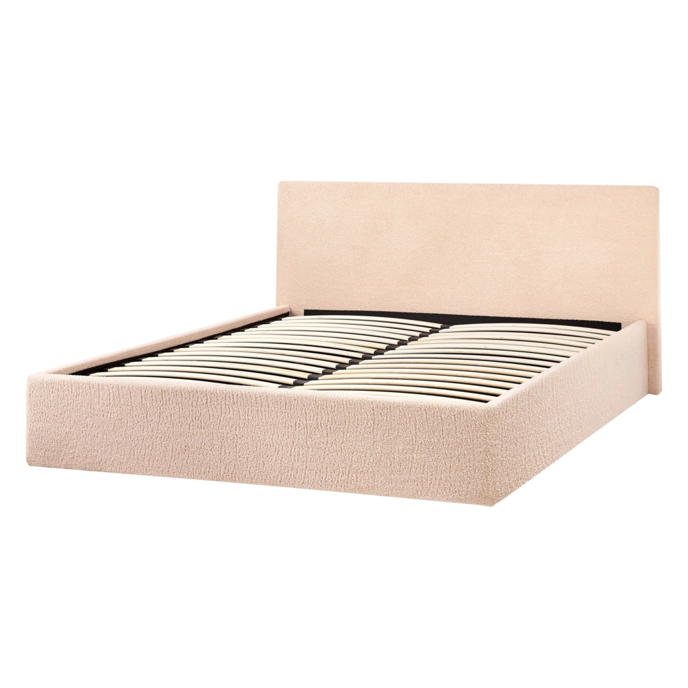 Letto imbottito in bouclé beige 140 x 200 cm con contenitore per testata elevabile