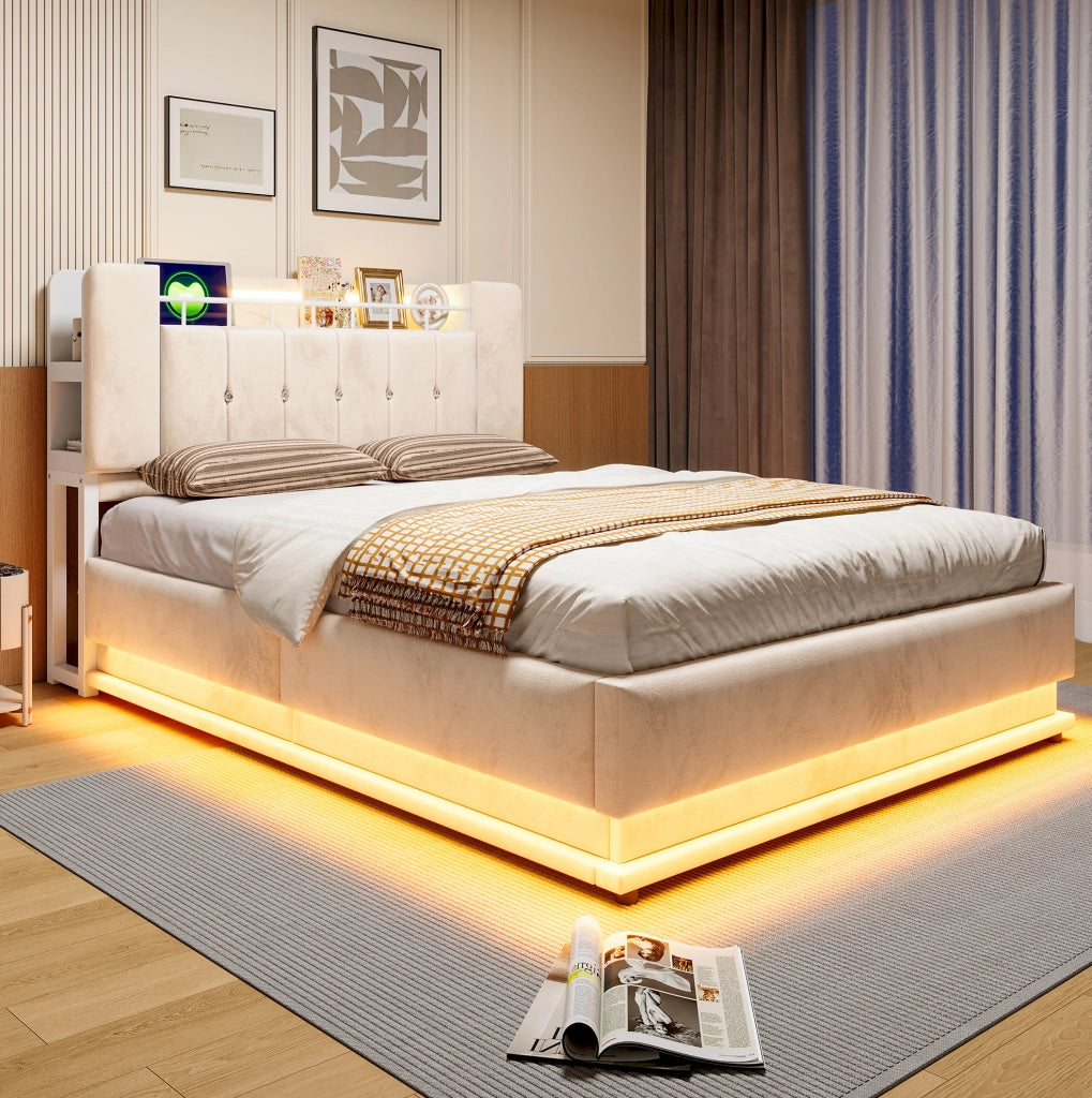 Letto imbottito 140x200 cm con LED; porte USB e vano contenitore idraulico; velluto beige