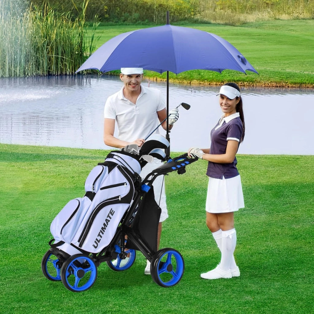 Carrello da golf a spinta e a trazione con borsa impermeabile e freno a pedale, Carrello pieghevole a 4 ruote Blu-Golf