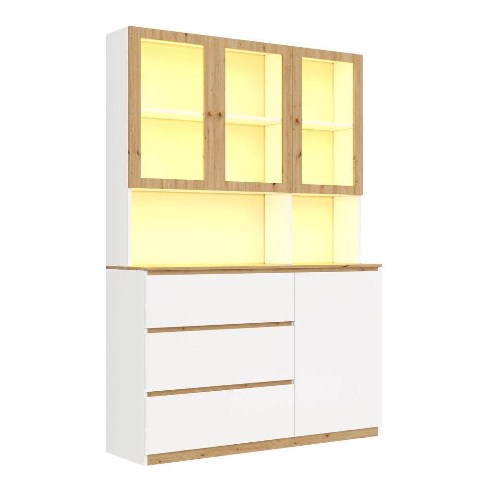 Vetrina illuminata a LED - Zephmum- 120x200 cm - Bianco e quercia - Multifunzionale con piano di lavoro esteso