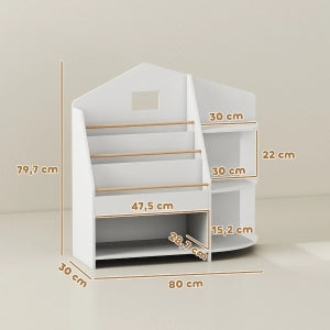 Libreria per bambini in legno bianco con 7 vani aperti e scaffali frontali