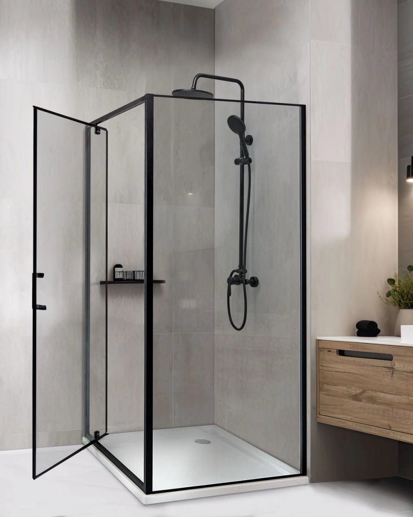 Box Doccia Vetro Temperato nero Cornice Alluminio Anta Singola Quadrata 90 x 90 x 185 cm
