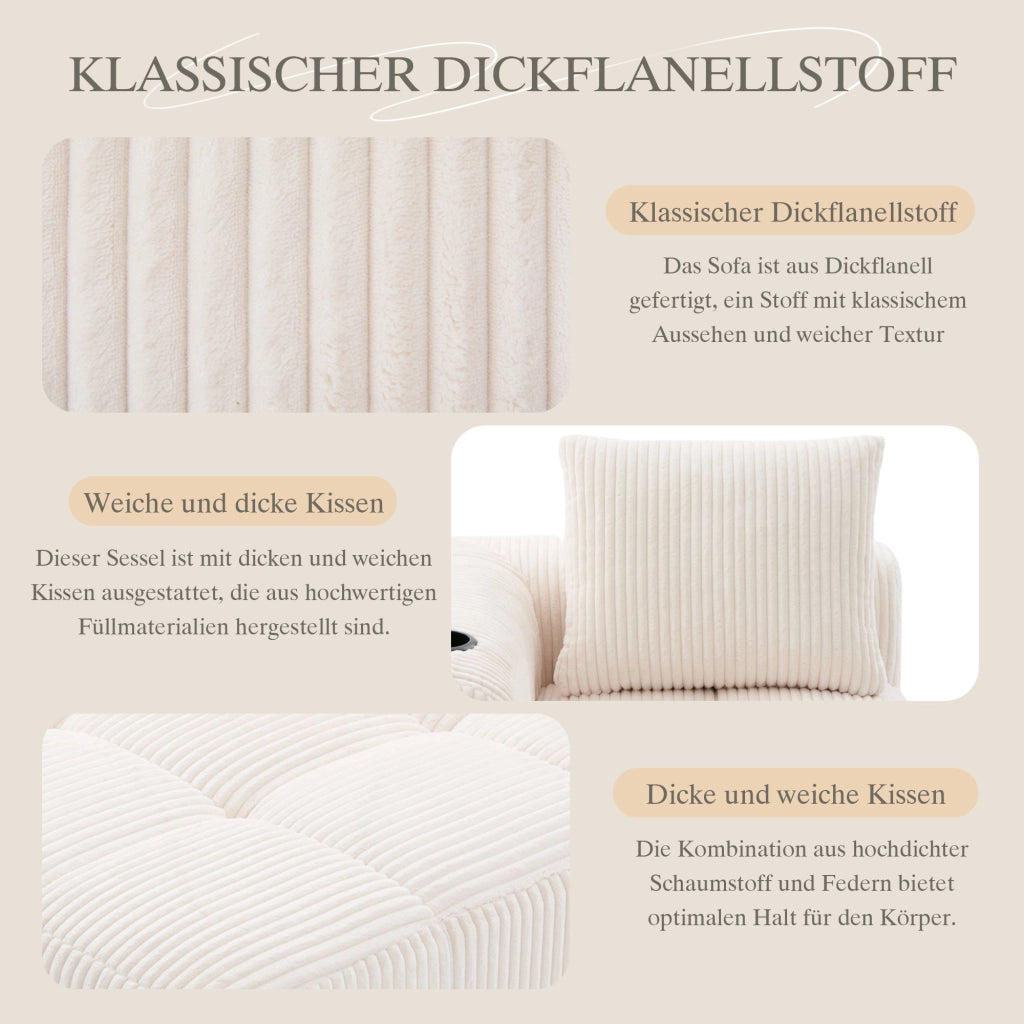 Divano lineare con tasche laterali e portabicchieri - in tessuto a coste beige 158×93×61 cm
