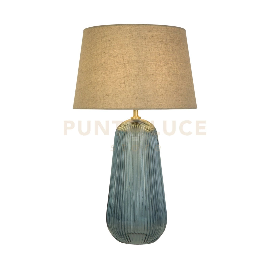 Lampada da tavolo Cameo 1Lt, vetro blu con paralume in lino naturale