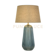 Lampada da tavolo Cameo 1Lt, vetro blu con paralume in lino naturale