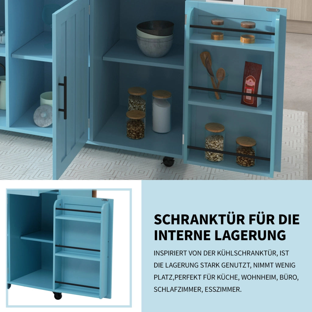 Carrello da cucina azzurro con piano pieghevole, ruote e cassetti